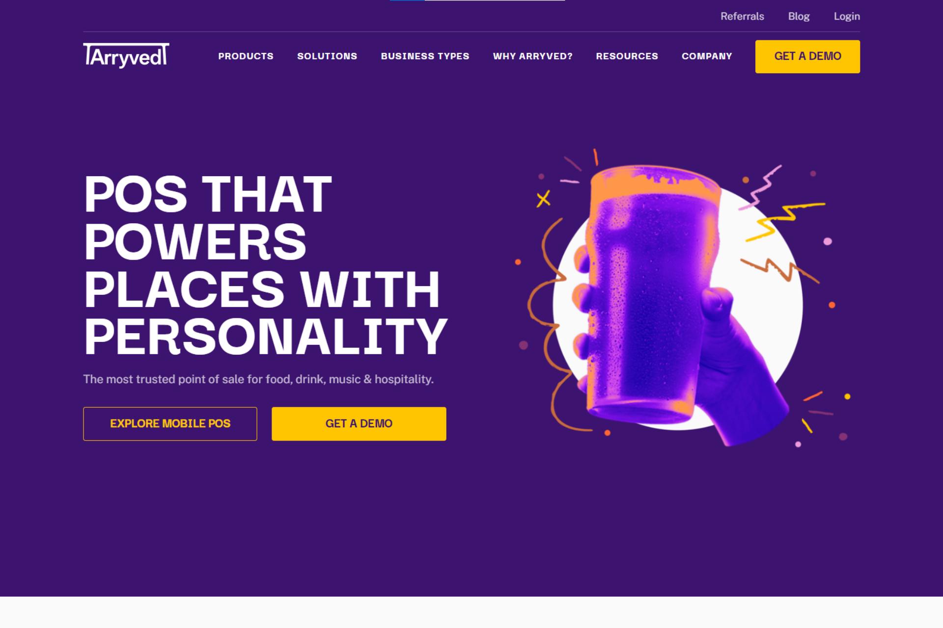 Arryved pos สำหรับ taprooms และ bar landing page