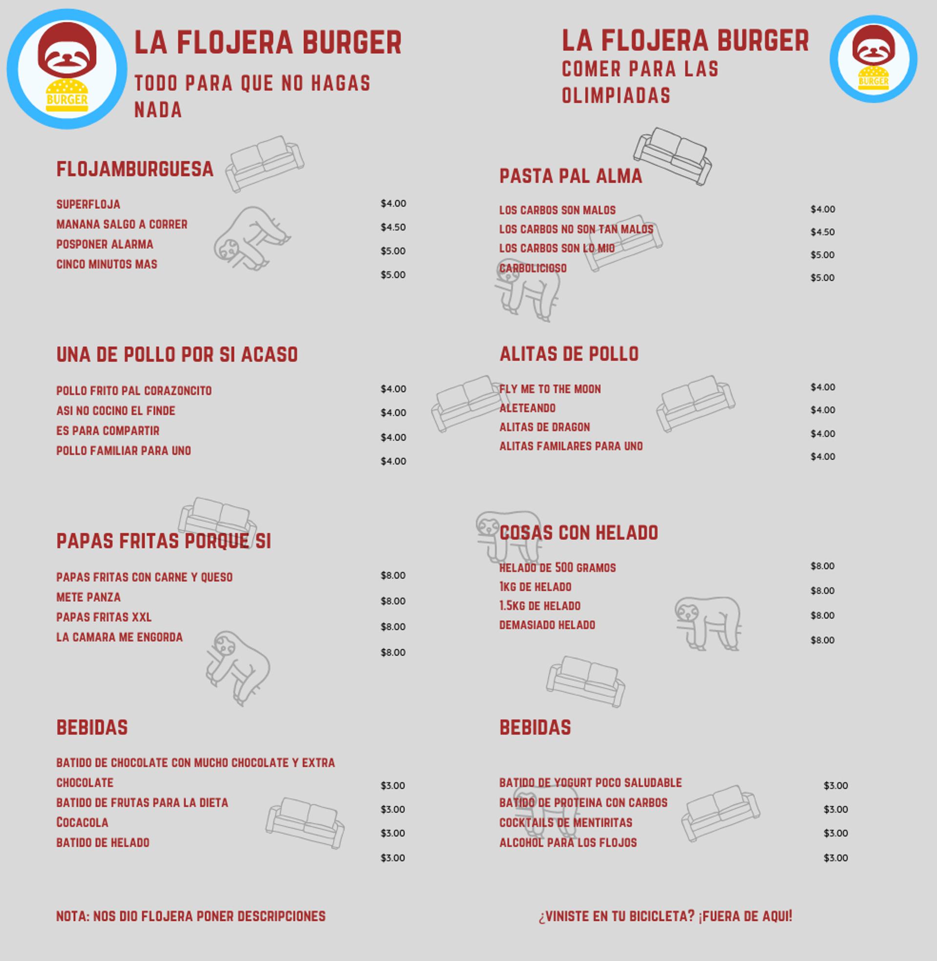 Ejemplo de menú de Flojera Burger de dos páginas