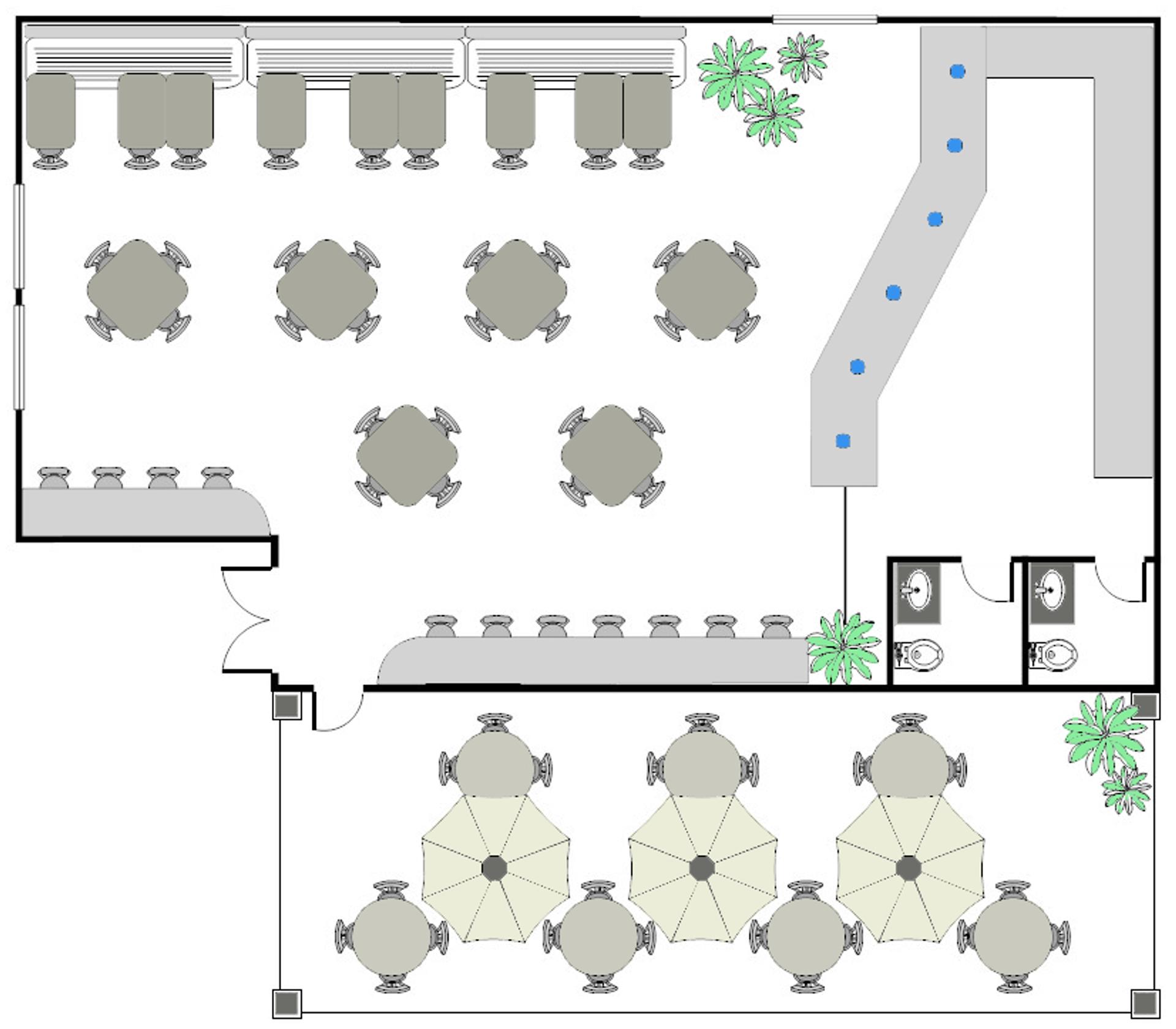 Plan de etaj pentru zona de luat masa în aer liber a unui restaurant