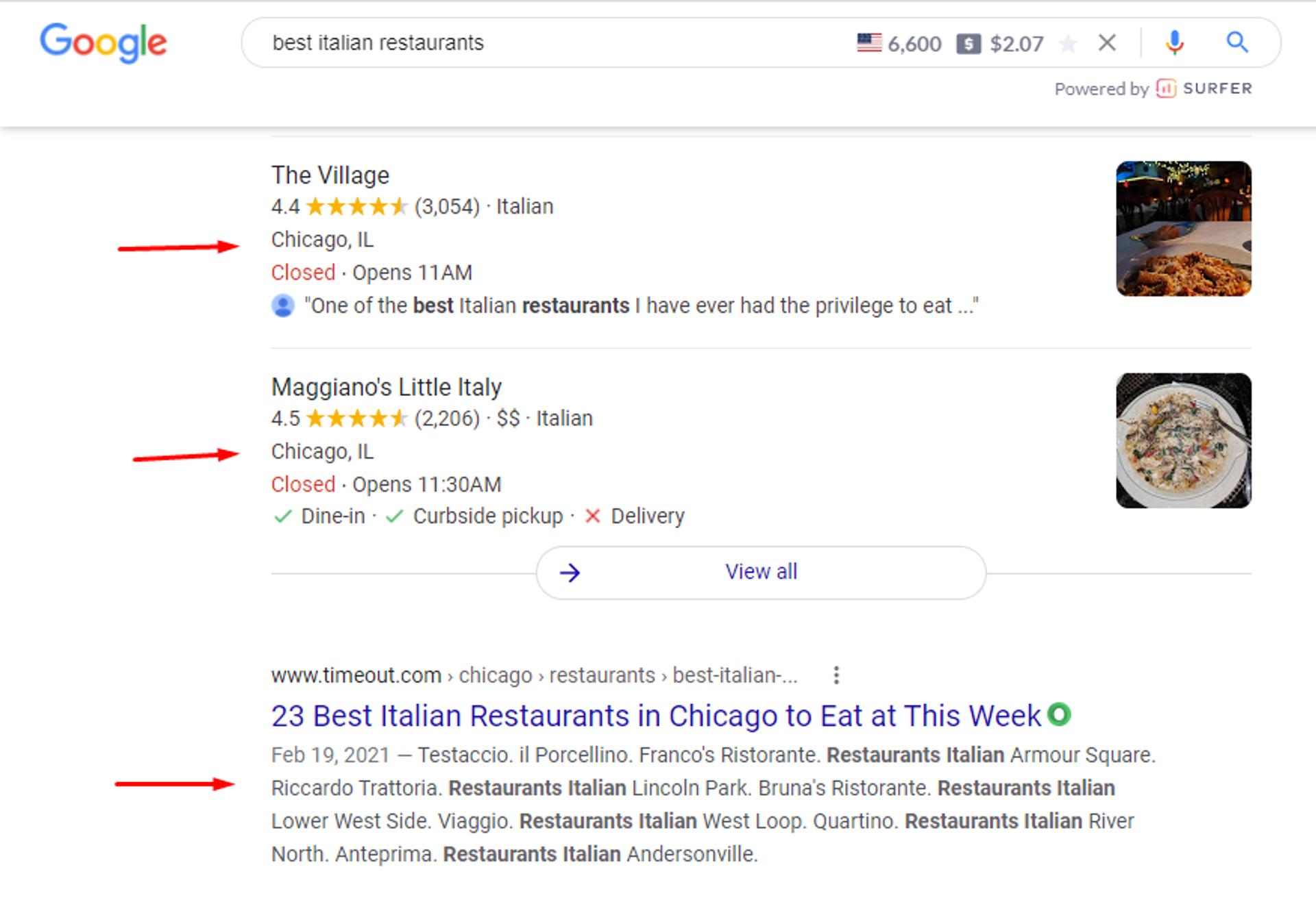 Google-zoekresultaten voor het beste Italiaanse restaurant