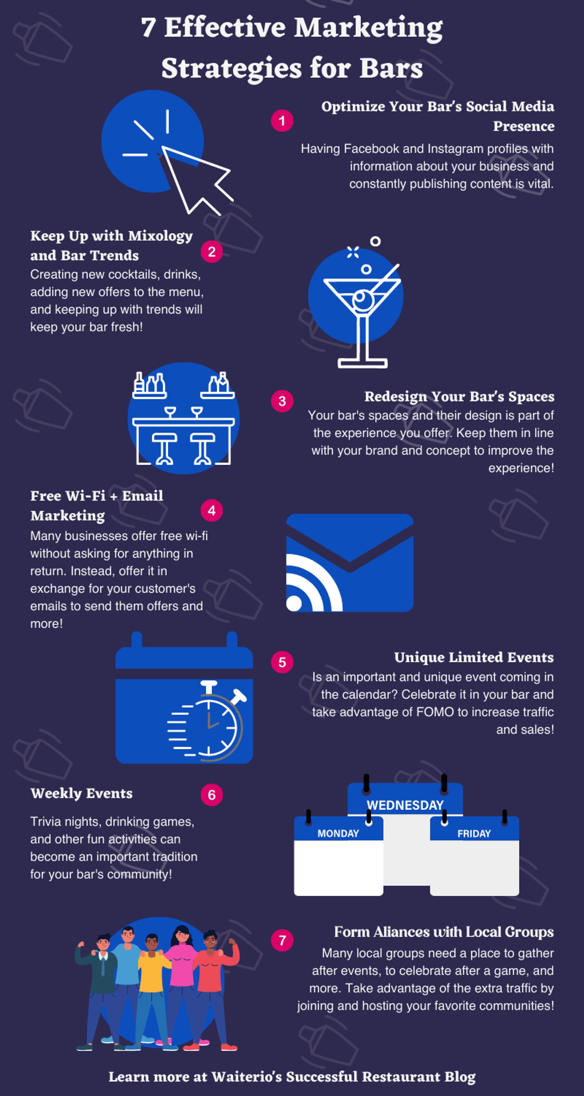 Infographic about 7 marketing strategies you can use to grow your bar
