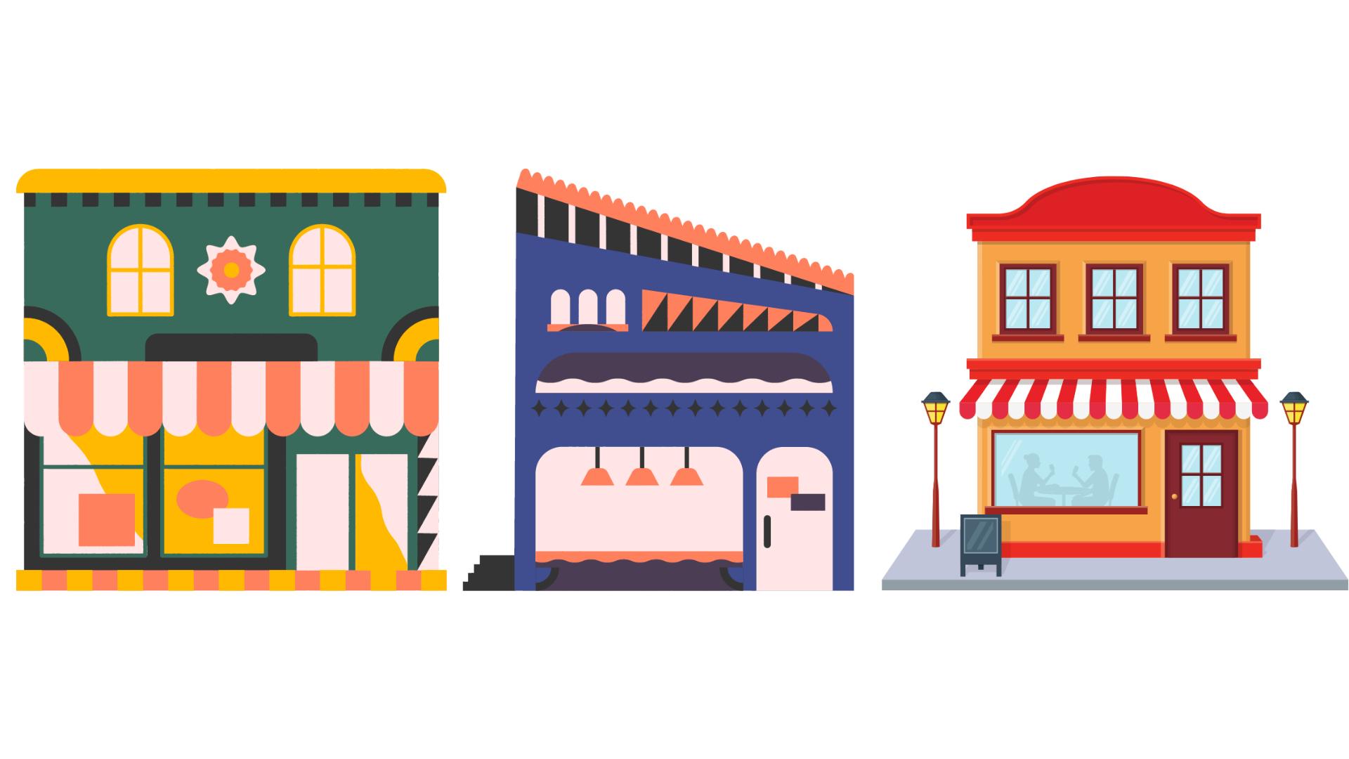 ilustración de tres restaurantes en línea