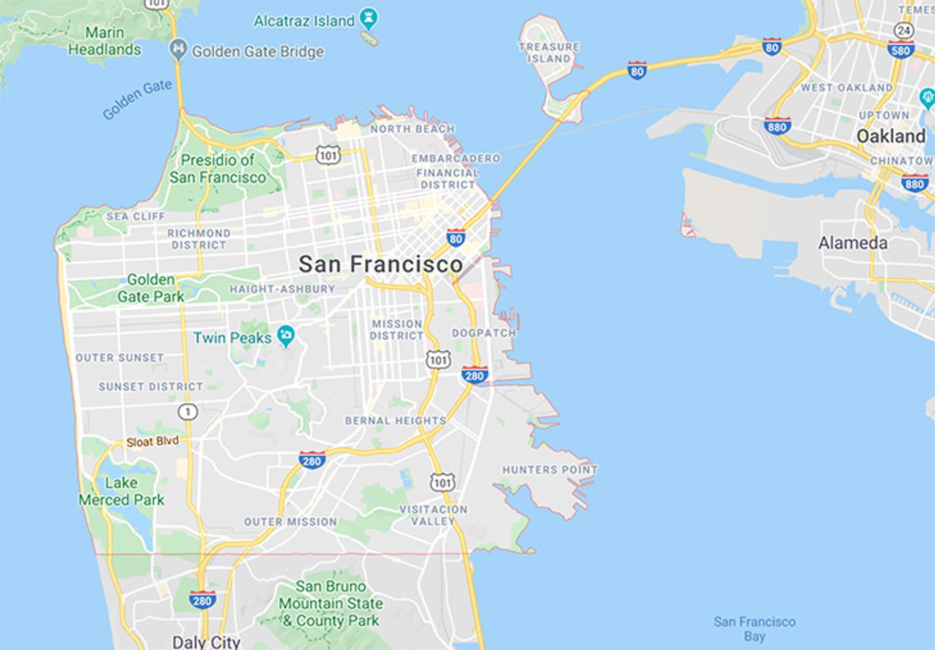 Fronteras del condado de San Francisco en un mapa de Google Maps