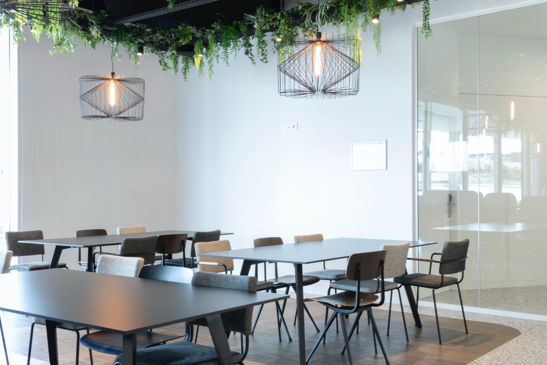 Decoración de pequeño restaurante moderno con plantas.