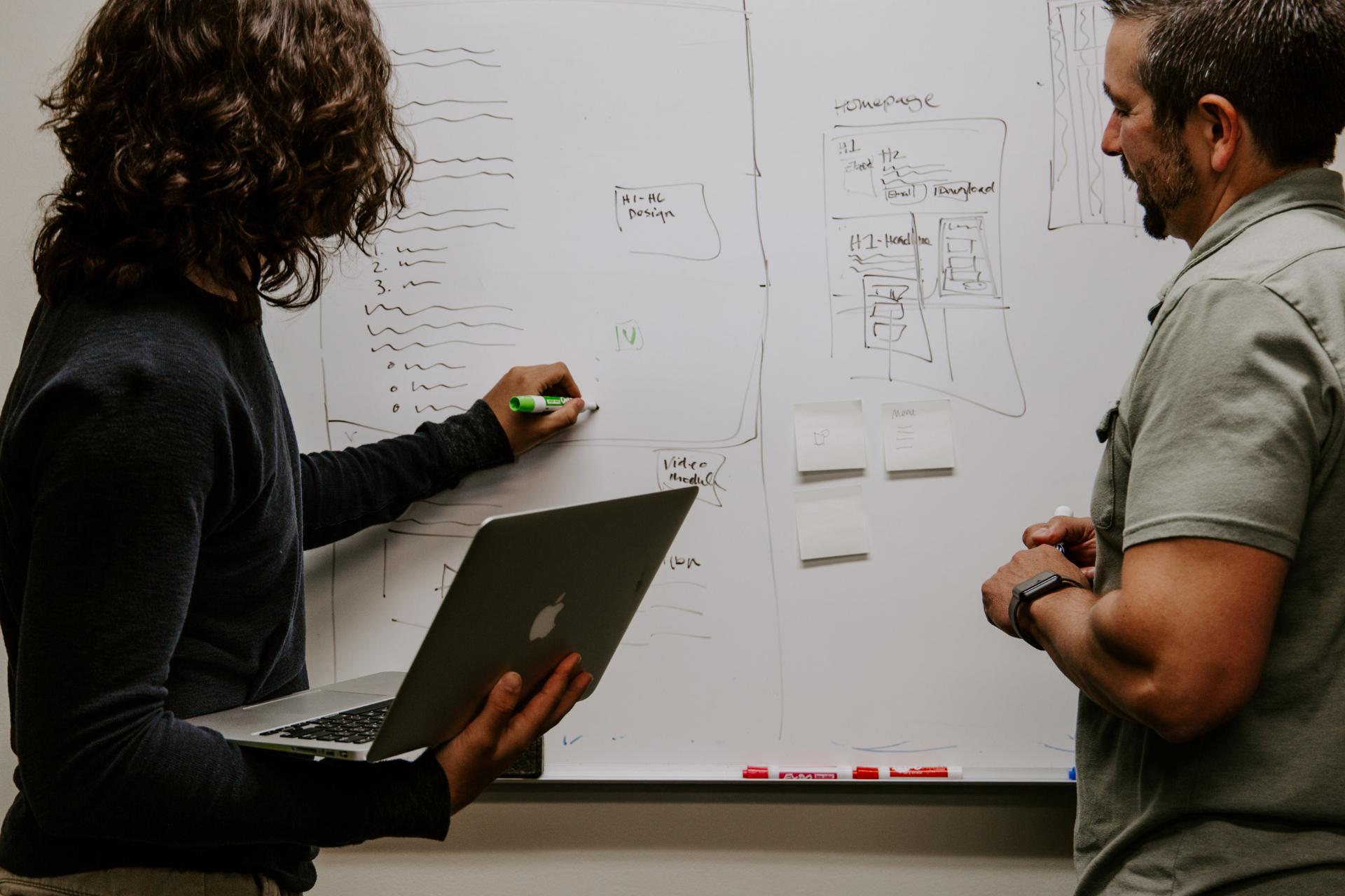 People studying something on a whiteboard