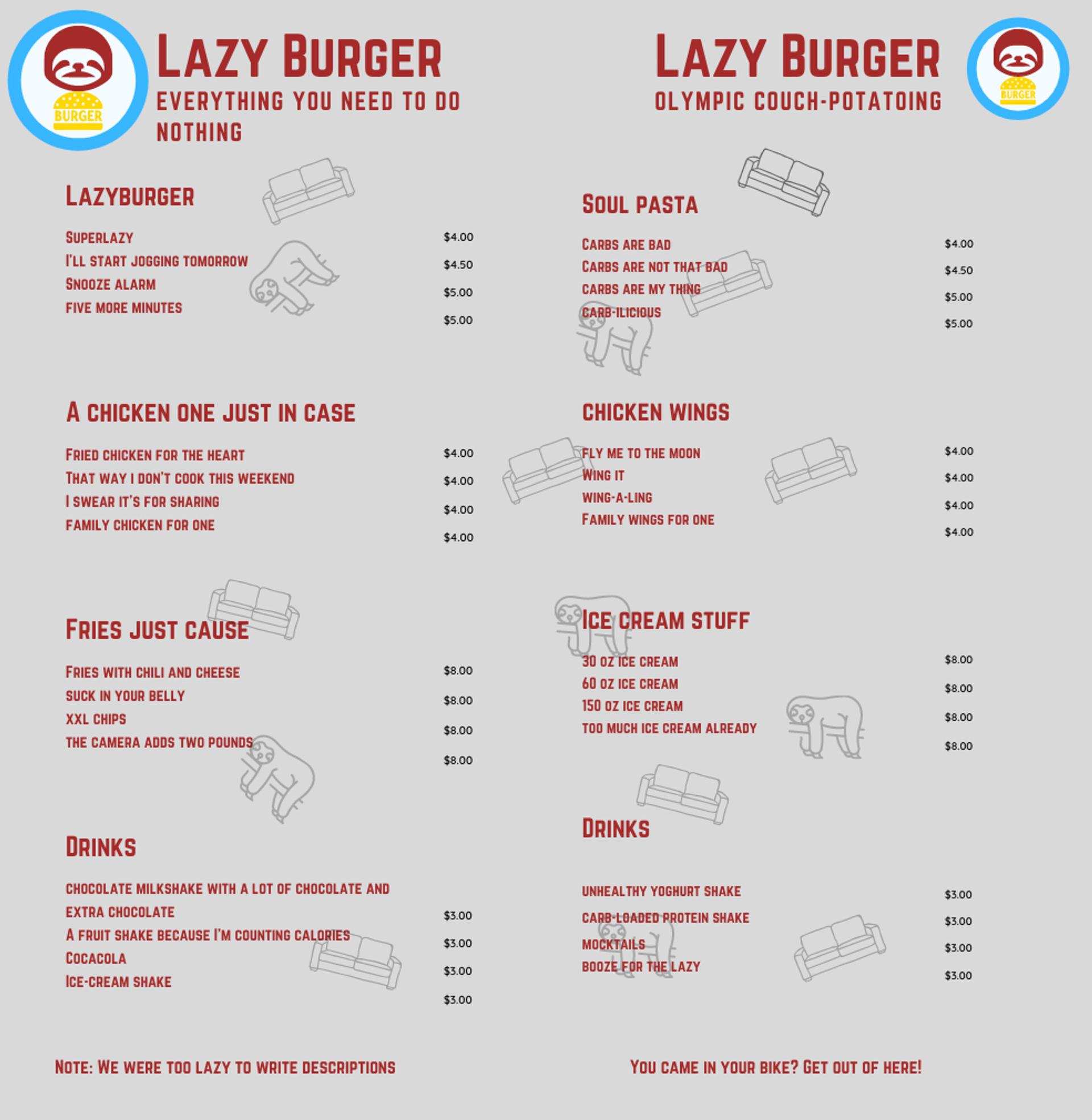 ตัวอย่างเมนู Lazy Burger สองหน้า