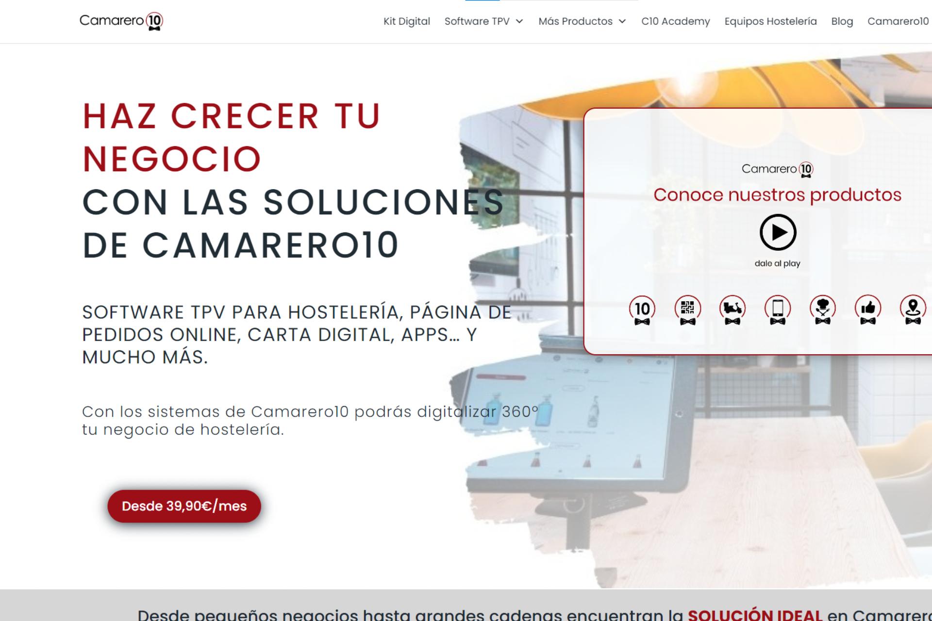 pagina web de camarero10, otro sistema de punto de venta hecho y principalmente usado en España