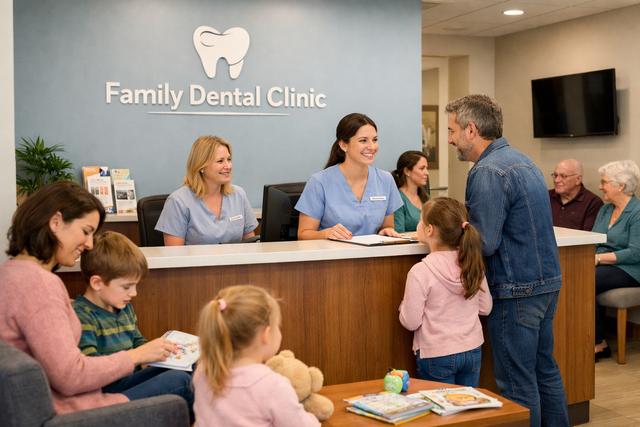 A family dental clinic reception area with patients waiting