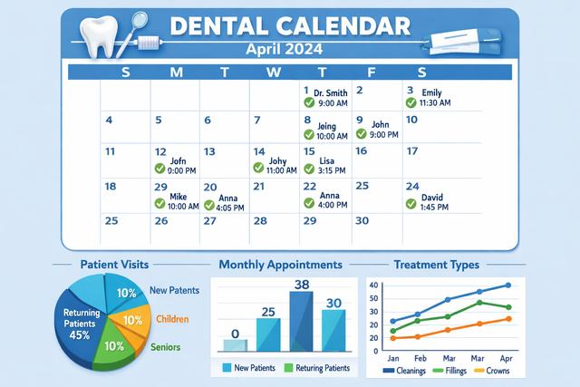 Dental clinic appointment calendar and analytics dashboard showing reduced no-shows