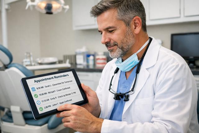 A dentist reviewing patient appointment reminders on a tablet