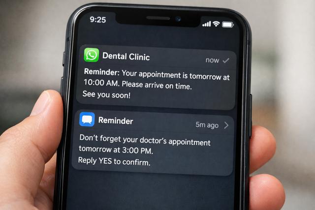 WhatsApp and SMS reminder messages on a phone screen