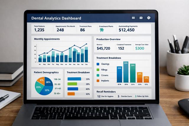 Dental practice analytics dashboard on a laptop