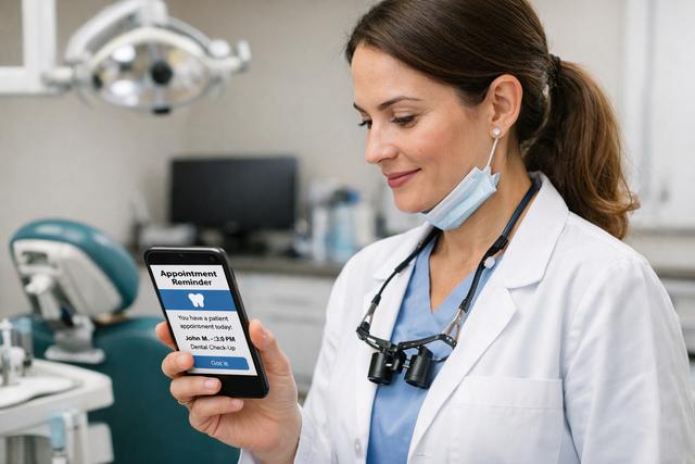 Dentist checking an appointment reminder on a phone