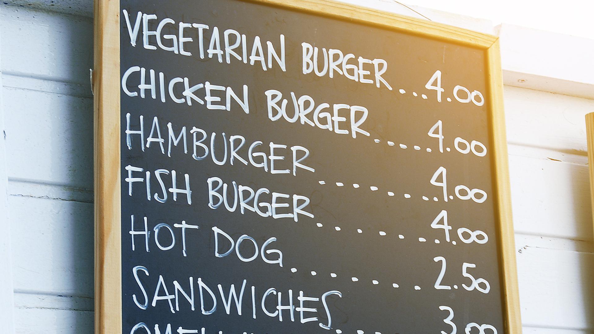 prix des aliments dans le menu d'un restaurant