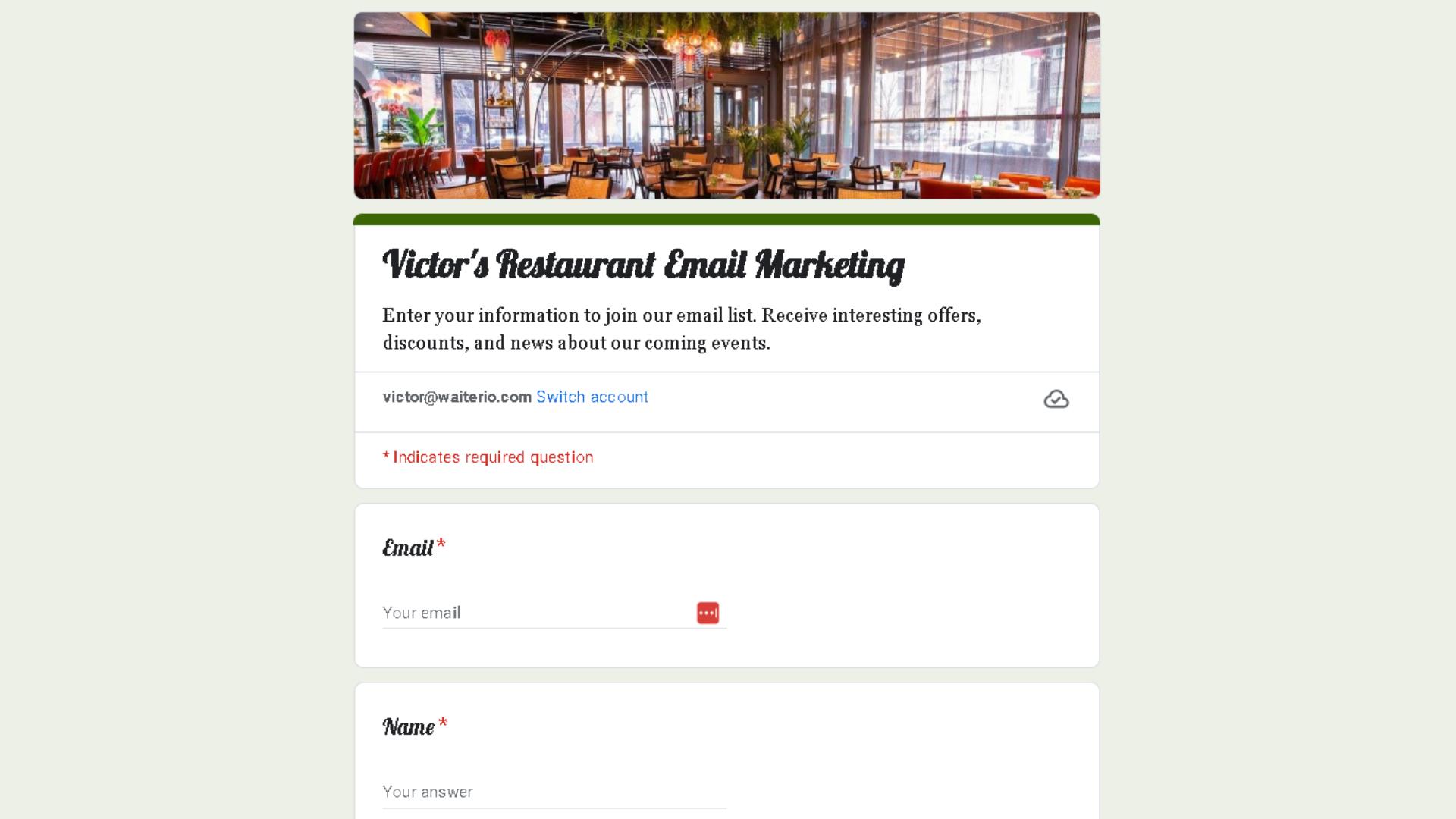 Formulário Google do Victor's Restaurant para exemplo de marketing por e-mail
