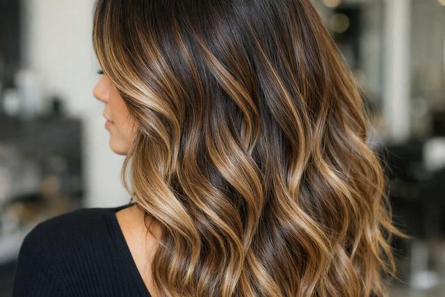 Expensive brunette balayage hair close-up