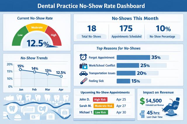 Dental practice dashboard showing no-show rate analytics