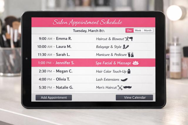 Salon appointment schedule on a tablet screen