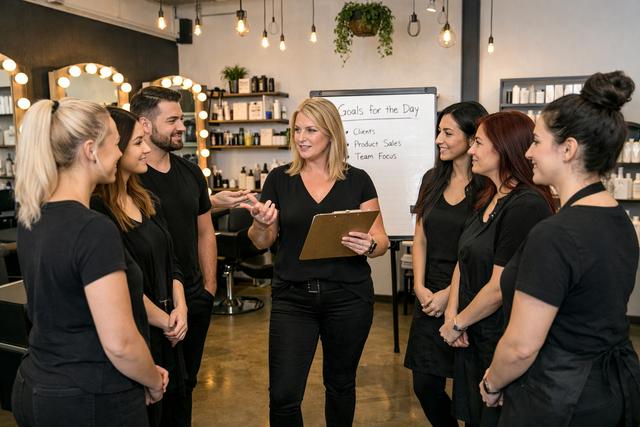 Salon team morning huddle meeting