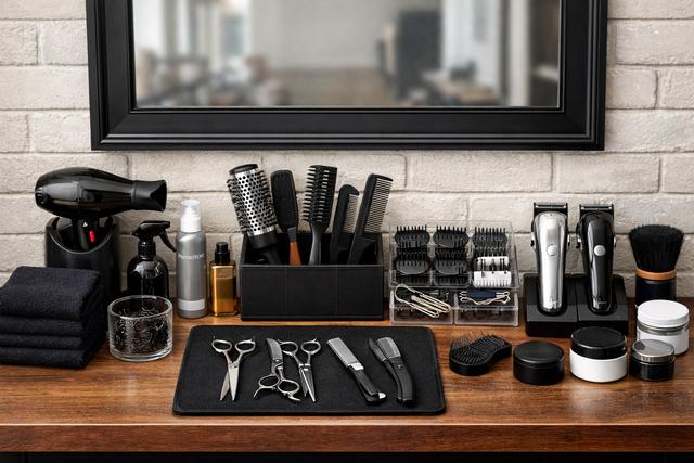 Organized hair salon workstation with tools