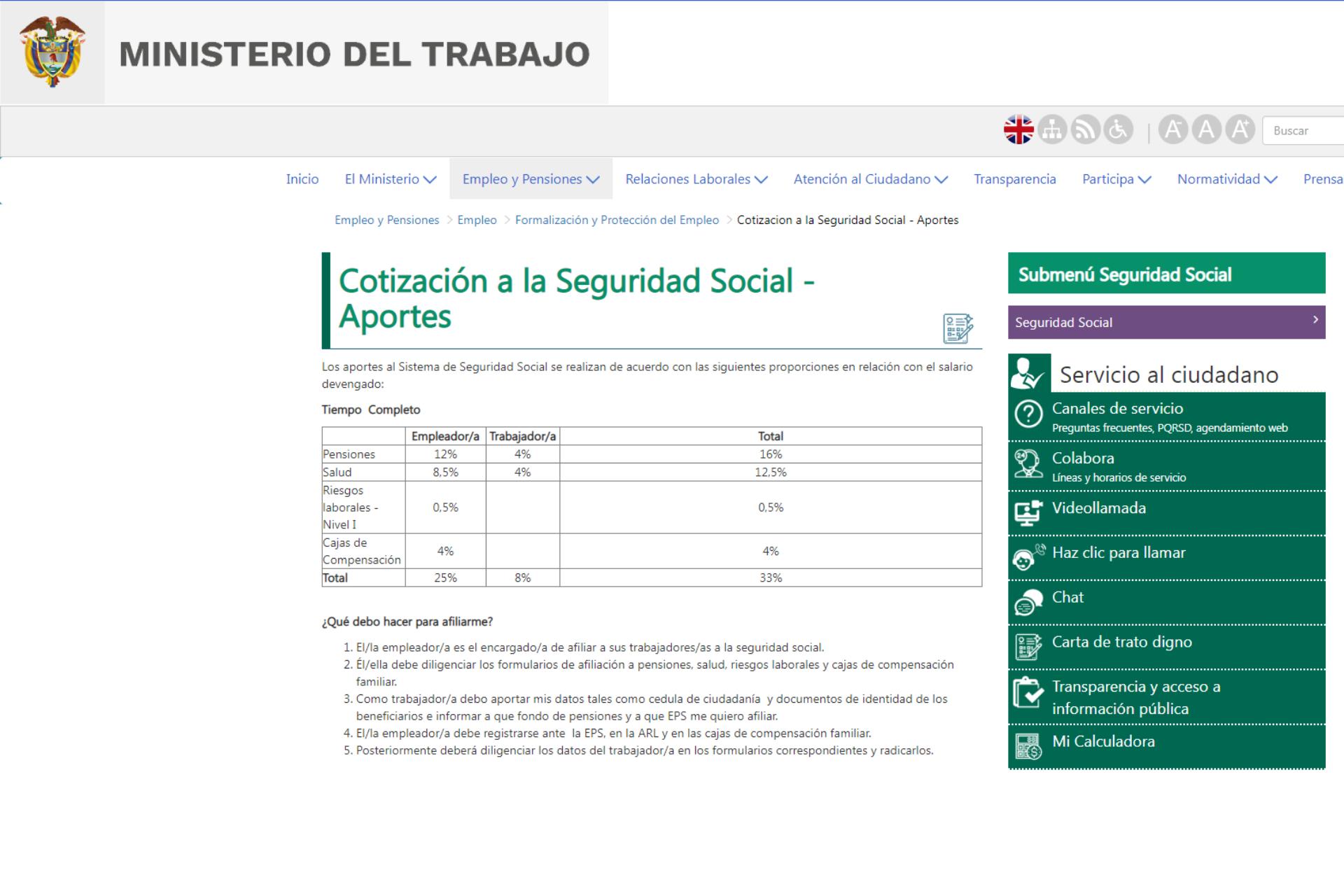 Labor Ministry Colombia government site