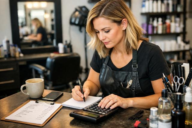 Hairdresser calculating service costs