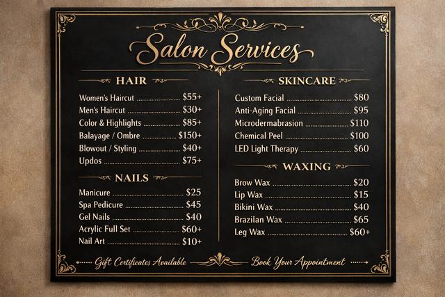 Elegant salon service menu board