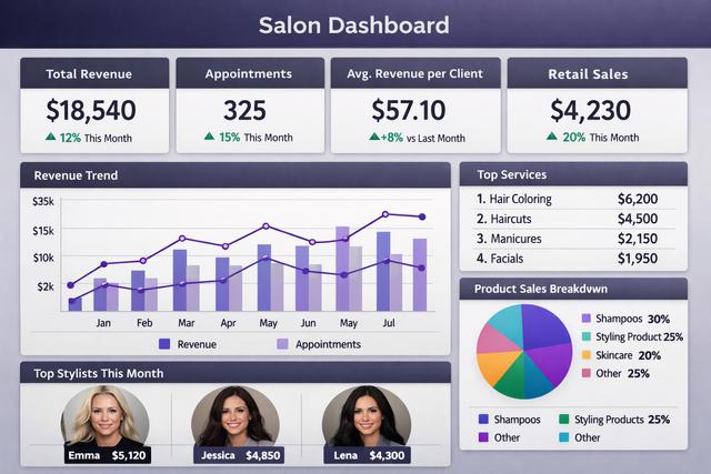Salon dashboard showing revenue metrics