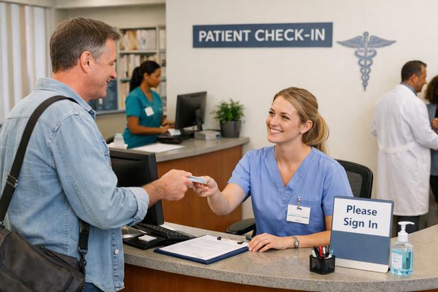Patient checking in at a medical practice reception desk