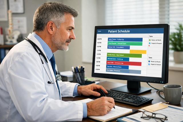 Doctor reviewing patient schedule on computer screen