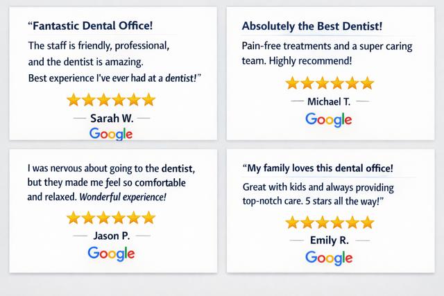 Five-star Google reviews displayed for a dental practice