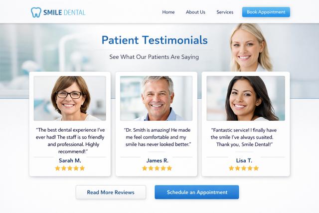 Dental practice website displaying patient testimonials