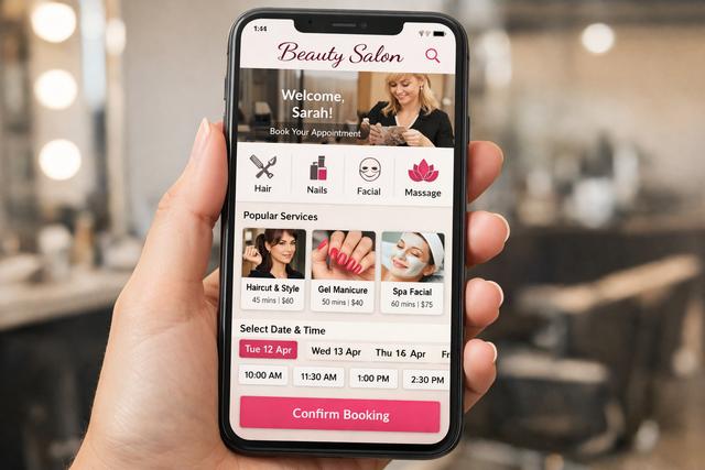 Phone showing online salon booking app