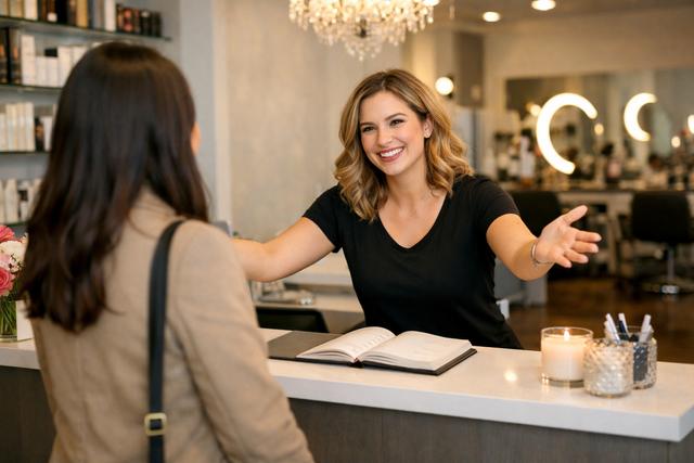 Salon receptionist greeting a client warmly