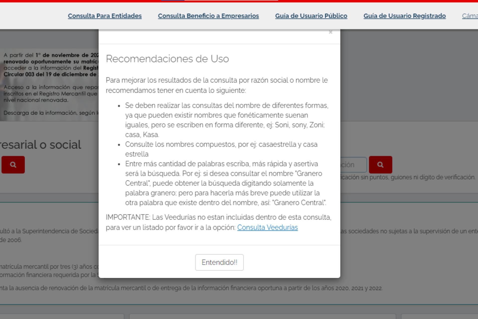 Portal RUES sitio del gobierno colombiano
