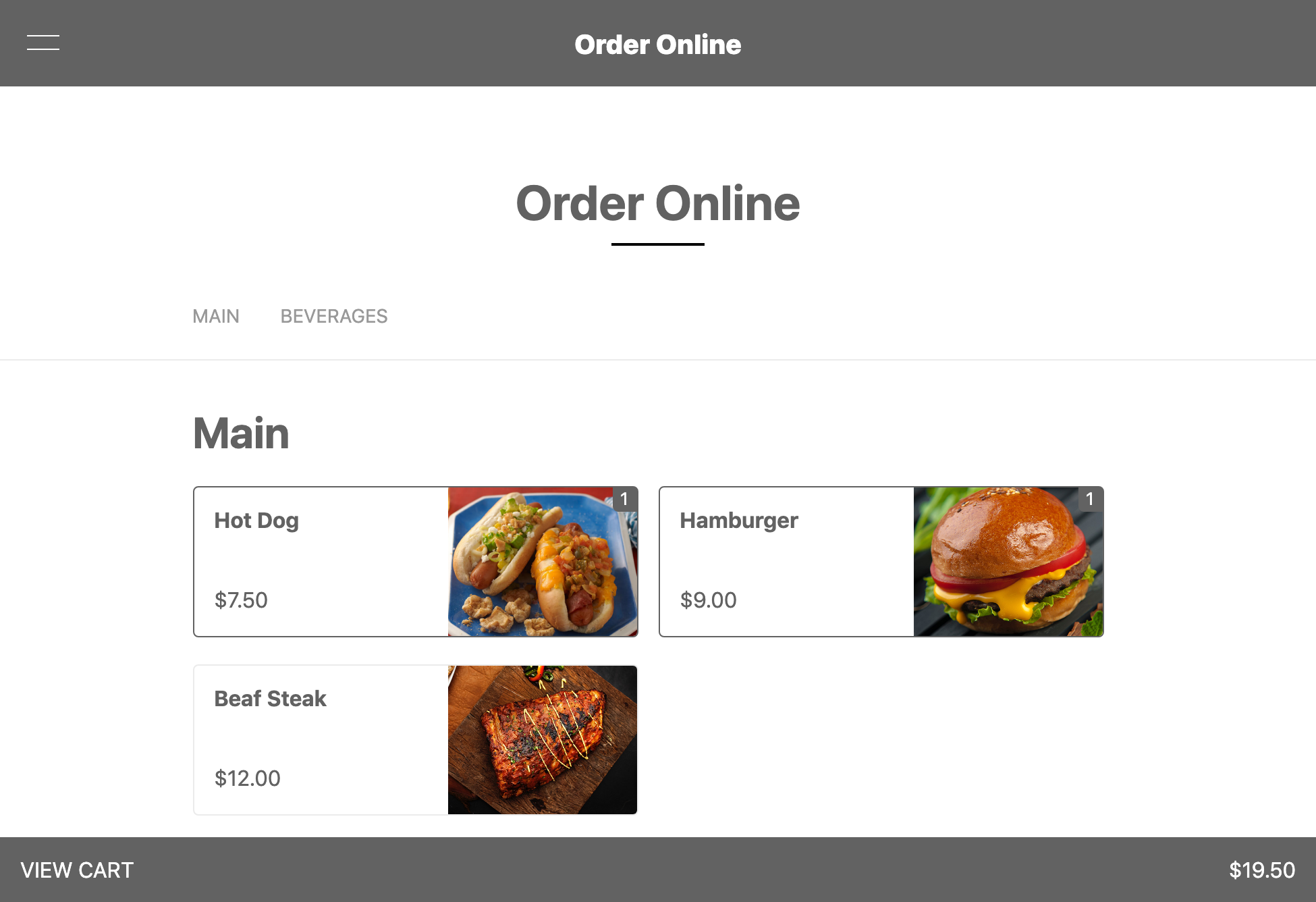 A restaurant website with online ordering feature