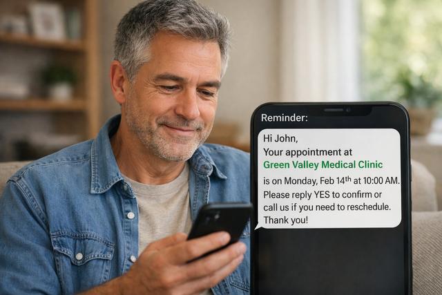 Patient checking an SMS reminder on a phone screen