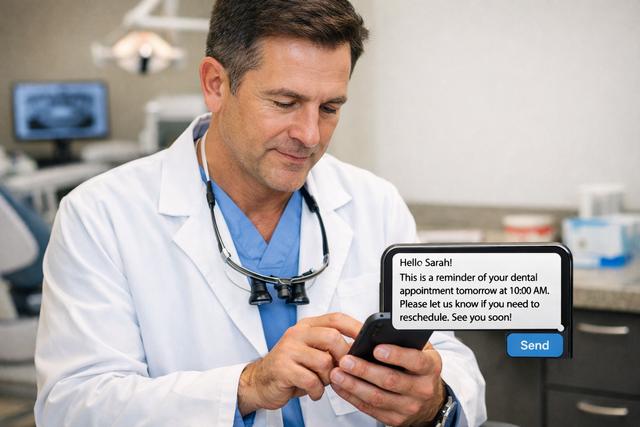 Dentist drafting an SMS appointment reminder on a smartphone