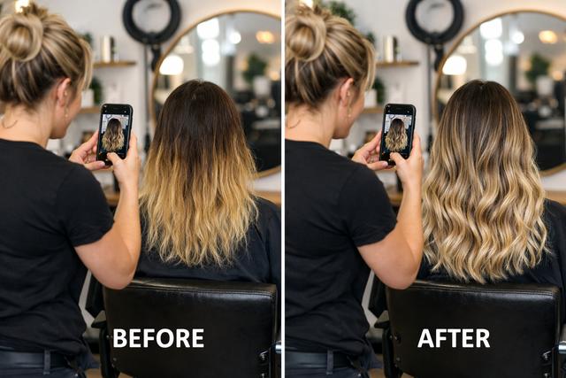 Hairdresser taking a before-and-after hair photo