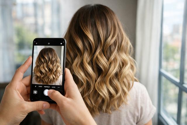 Smartphone photographing styled hair near a window