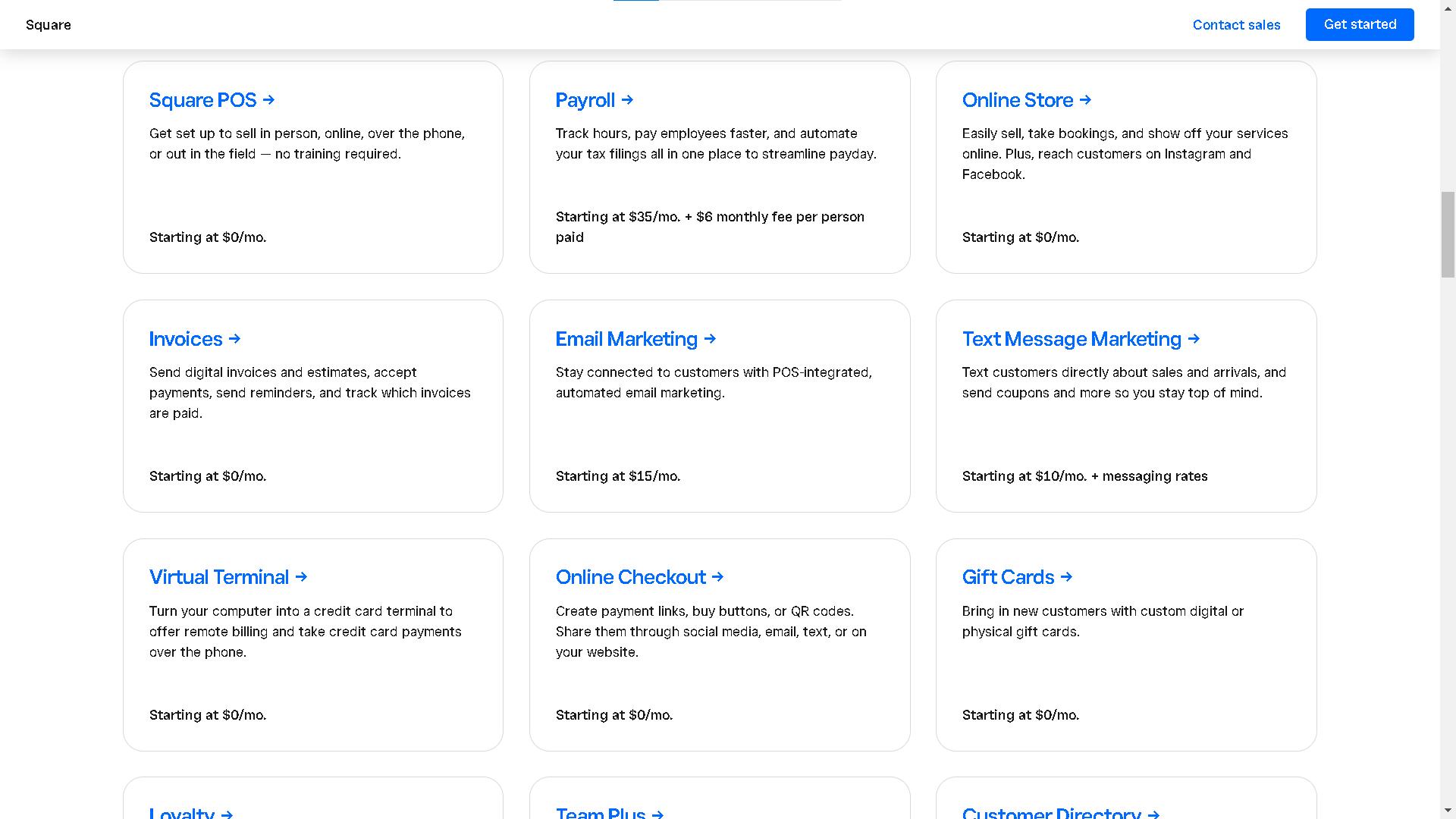 Square's features page