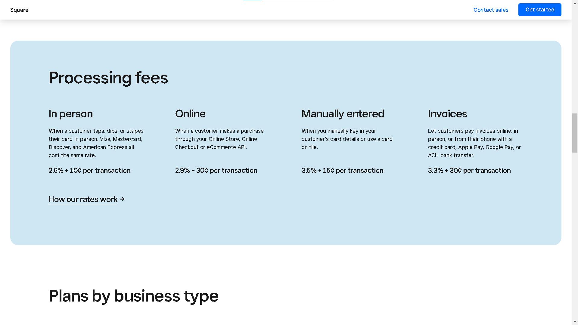 Page de tarification de Square