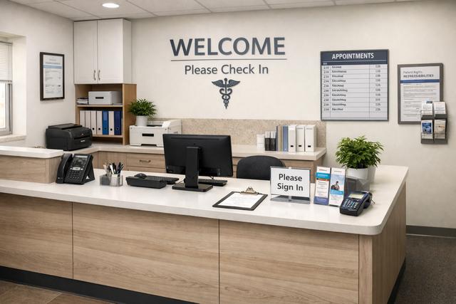 Well-organized medical practice front desk and reception area
