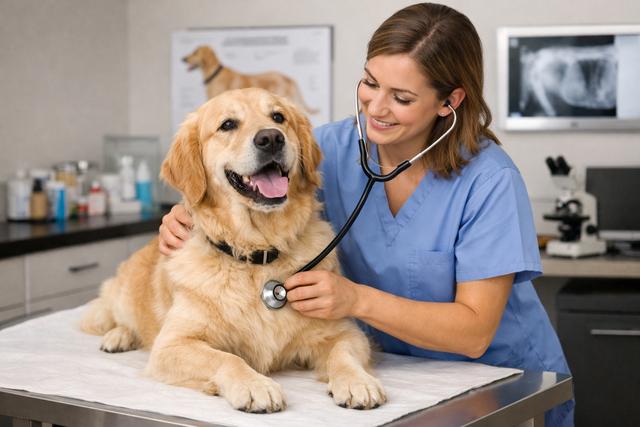 Veterinarian examining a dog on an examination table