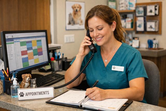 Veterinary receptionist scheduling appointments at the front desk