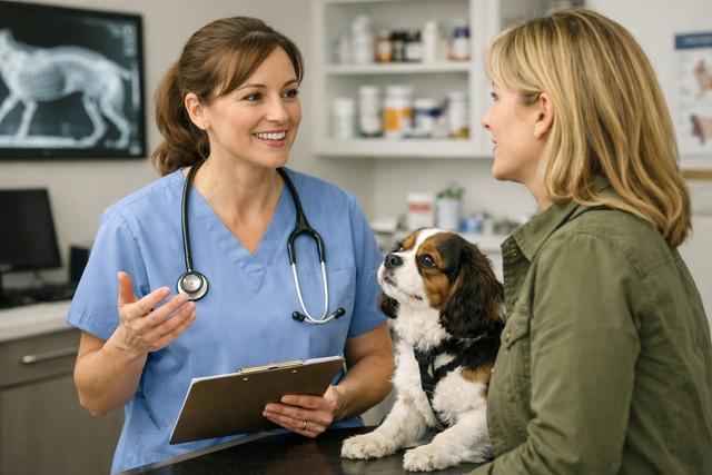 Veterinarian discussing treatment plan with a pet owner