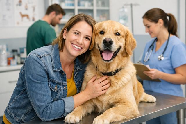 Happy pet owner with their dog at a veterinary clinic