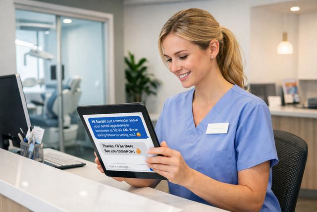 Dental receptionist using a tablet to message a patient