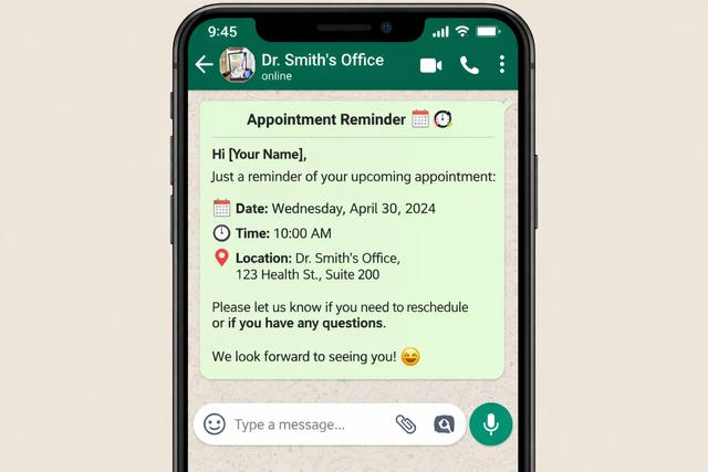 Dental appointment reminder shown in a WhatsApp template message on a phone