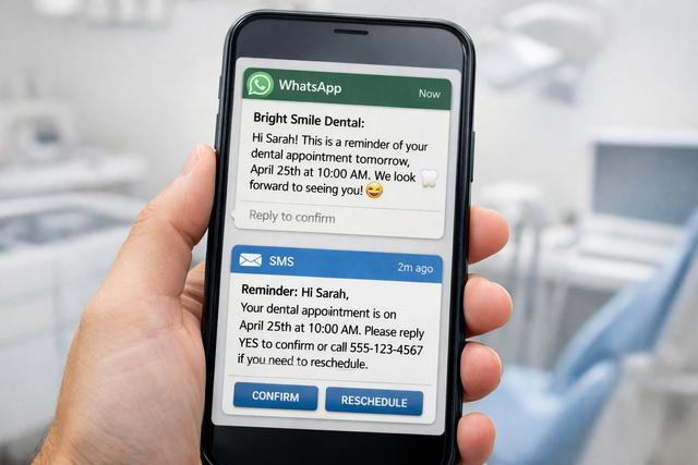 Zahnarzthelferin vergleicht WhatsApp- und SMS-Erinnerungen auf einem Smartphone